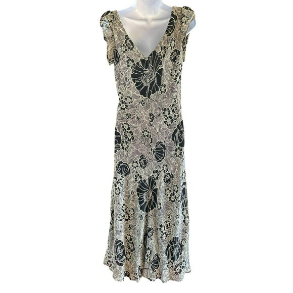 Vintage Salaam Black White Floral Print Rayon Midi Dress S/M Flowy Flouncy Y2K - Picture 4 of 6